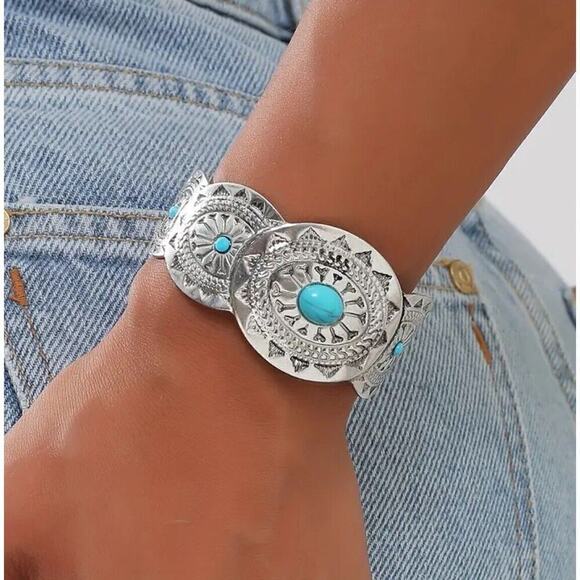Ethnic Boho Western Navajo Bracelet Turquoise Cuff Bangle Native American - Picture 4 of 4